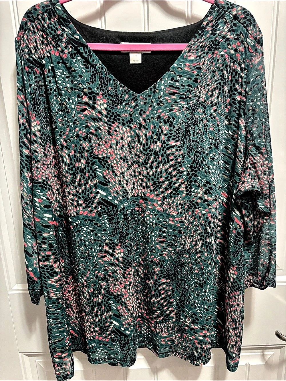 CJ Banks 2X Teal Abstract Animal Print V Neck Fully Lined Tunic Top